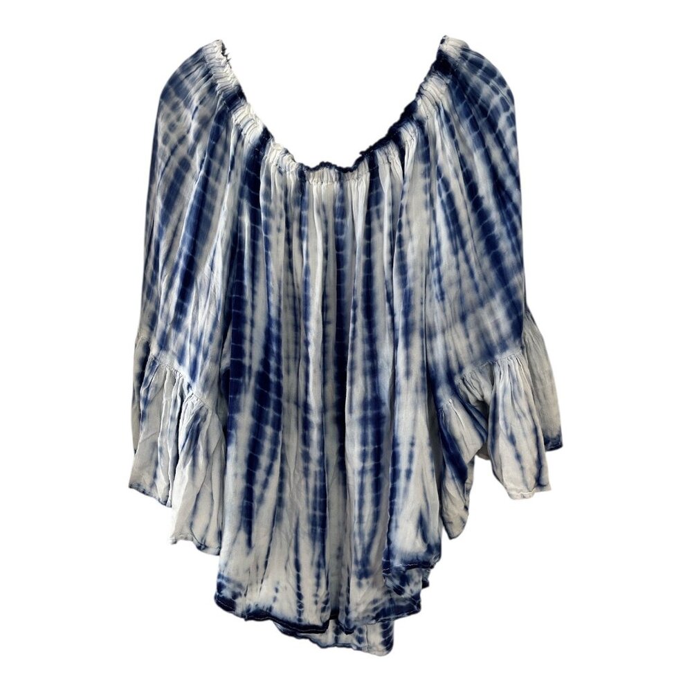 Cassee’s Women’s Blue White Tie-Dye Peasant Blouse Size 2X – Rayon Boho Off-Shou